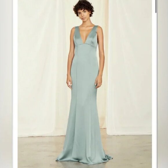 Amsale NWT Jade Green Fluid Satin Leif Sleeveless V-neck Bridesmaids Dress
